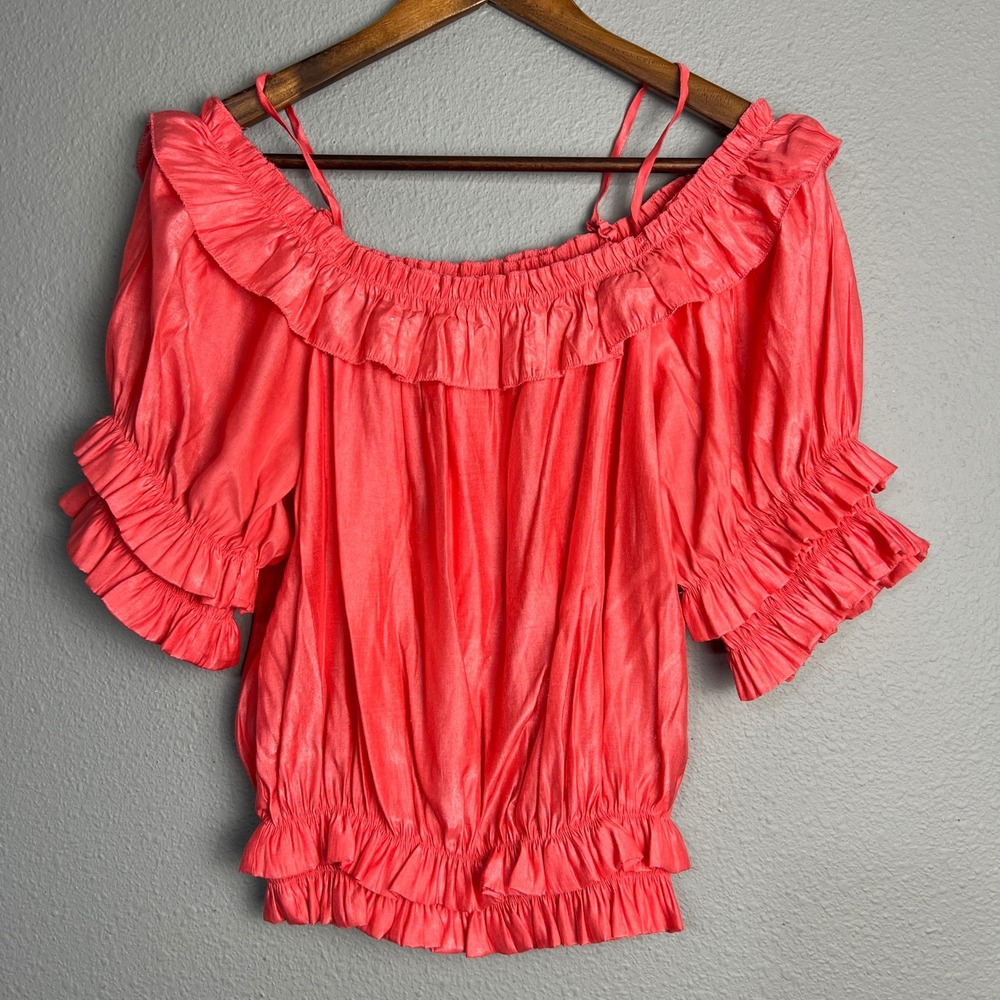 Poetry Ruffle Off Shoulder Peasant Top Coral Ruched Puff Sleeve Boho Festival S
